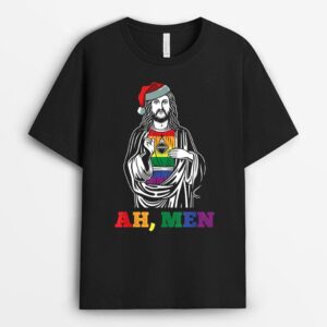 Ah Men Christmas Funny LGBT-Q Pride XMas Jesus Gay Christian T-Shirt