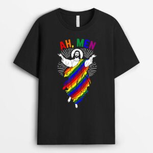 Ah Men Funny LGBT Gay Pride Jesus Rainbow Flag Christian T-Shirt