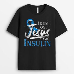 Blue Ribbon I Run On Jesus And Insulin Diabetes Awareness T-Shirt