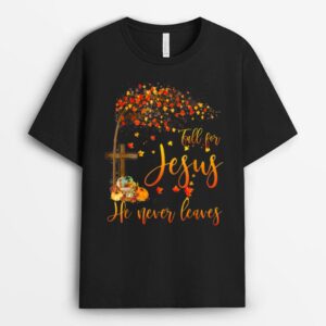 Fall For Jesus He Never Leaves Cross Pumpkin Thanksgiving T-Shirt