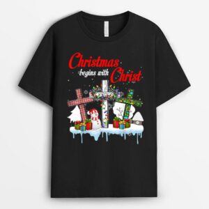 Jesus Christmas Begins With Christ Snowman Christian Cross T-Shirt