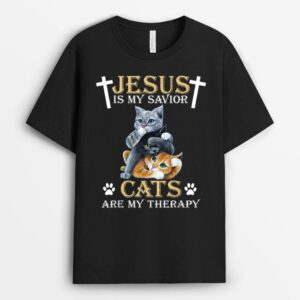 Jesus Is Savior Cats Are My Therapy Christian Funny Cat T-Shirt