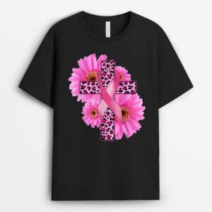 Pink Leopard Cross Jesus Sunflower Breast Cancer Awareness T-Shirt