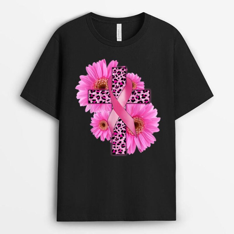 Pink Leopard Cross Jesus Sunflower Breast Cancer Awareness T-Shirt