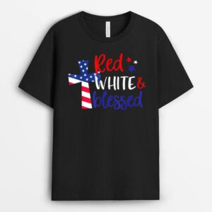 Red White Blessed American Jesus Cross Christian 4th of July T-Shirt