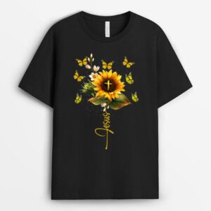 Sunflower Jesus Cross Butterflies Art Religious Christian T-Shirt