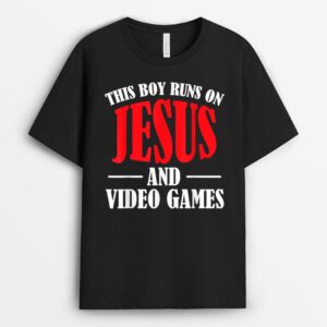 This Boy Runs On Jesus and Video Games Christian Gamer T-Shirt